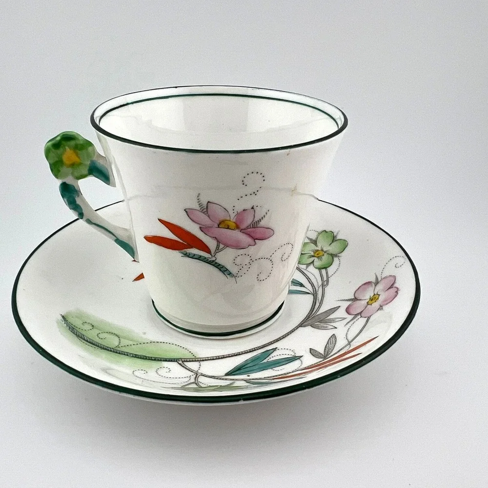 VTG Phoenix China England Floral Cup & Saucer TF&S Ltd Hand Painted Handle 1930s